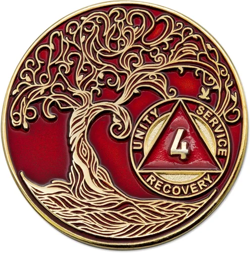 Vista 135 de 1 año Sobriety Mint Twisted Tree of Life Medallón de recuperación AA chapado en oro, chip/ficha - negro