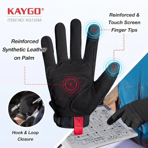 Vista 2 de KAYGO Guantes de trabajo para hombre, KG125M Guantes mecánicos de uso general para todo propósito, excelente agarre, resistentes, destreza mejorada