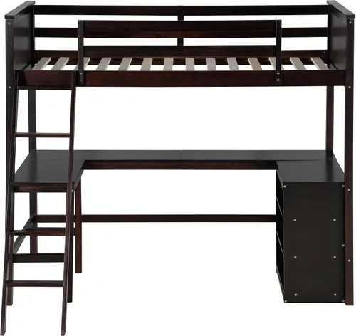 Vista 4 de Harper & Bright Designs Cama tipo loft individual con escritorio y 3 estantes, marco de cama tipo loft de madera maciza con escalera en ángulo