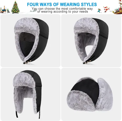 Vista 5 de POL PARKMAN Sombrero de trampero de invierno para hombres y mujeres, sombrero de aviador ruso Ushanka cálido frío para esquí, caza, negro, Negro