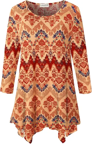 Vista 50 de LARACE - Camisa de talla extragrande para mujer, camisa tipo túnica con manga 3/4, ajuste holgado, ropa básica para mujer 2-negro_cuadros
