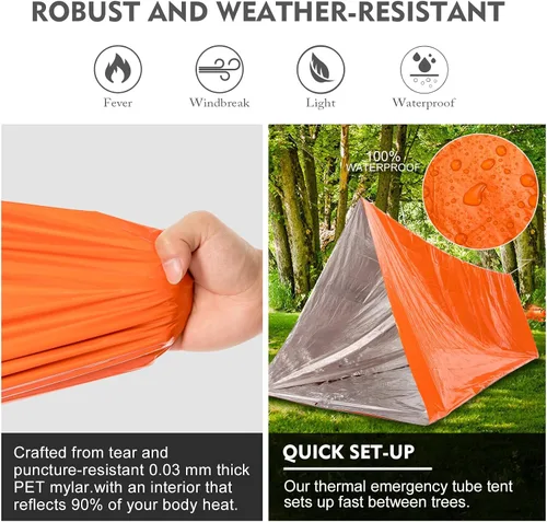 Vista 5 de ANLOKE Tienda de supervivencia de emergencia Refugio - Kit de supervivencia para tienda de campaña de tubo de emergencia Mylar para 2 personas