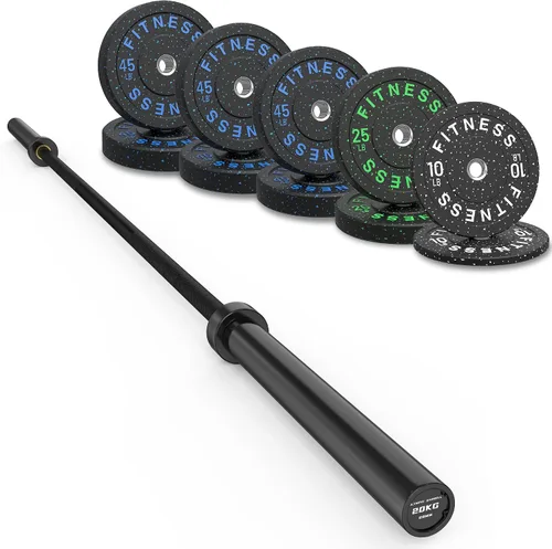 Vista 13 de Olympic Barbell Set, 2-Inch Bumper Plates with Weight Plate Rack Colored Crumb Rubber Weight Plates for Weight Lifting & Strength Training, 90–530