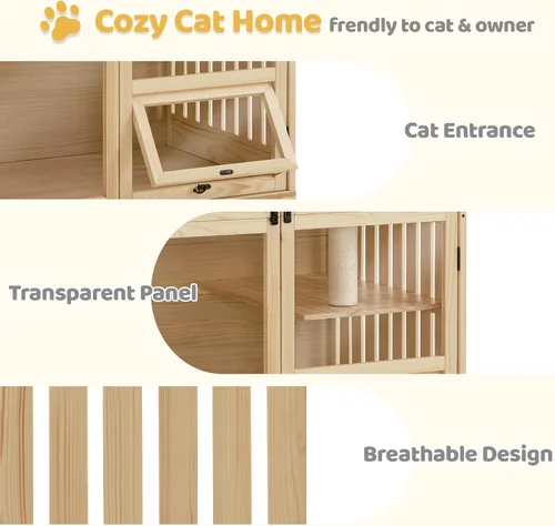 Vista 5 de MCombo Casa de madera para gatos de interior, condominio para gatos con entrada, jaula de gatito Catio con puertas y ruedas bloqueables, CT291
