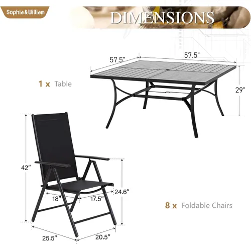 Vista 7 de Sophia & William Juego de comedor de patio para 8 personas, juego de mesa de comedor al aire libre grande cuadrada de metal negro y 8 sillas