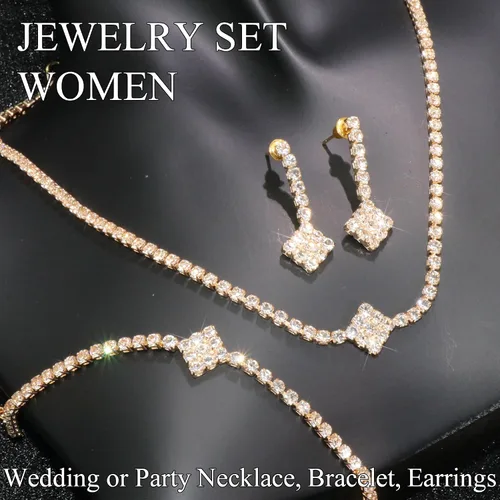 Vista 6 de Rhinestone Jewelry Set Necklace Bracelet Earrings Set Sparkly Necklace Dangle Earrings Prom Formal Costume Jewelry Sets for Women and Brides