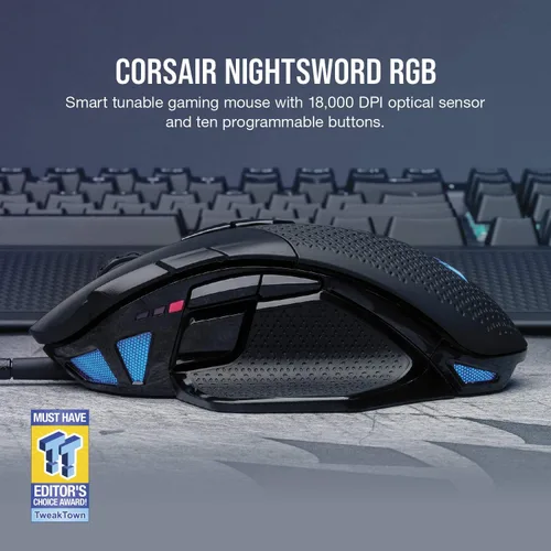 Vista 6 de Corsair Nightsword RGB - Mouse ergonómico óptico para juegos FPSMOBA con retroiluminación RGB LED 18000 DPI negro y MM700 RGB extendido de tela