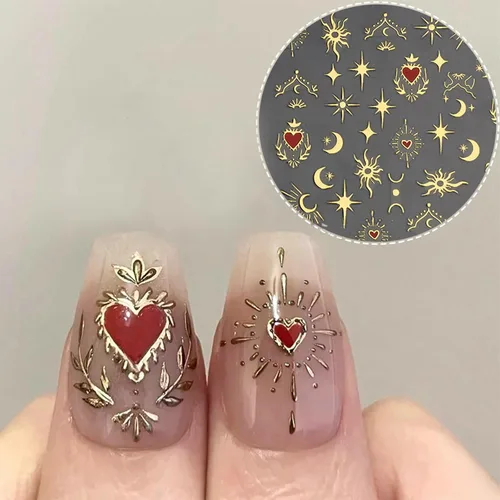 Vista 6 de 8 hojas de calcomanías doradas para arte de uñas, sol, estrella, luna bronceadora, calcomanías de uñas autoadhesivas 3D, calcomanías de uñas