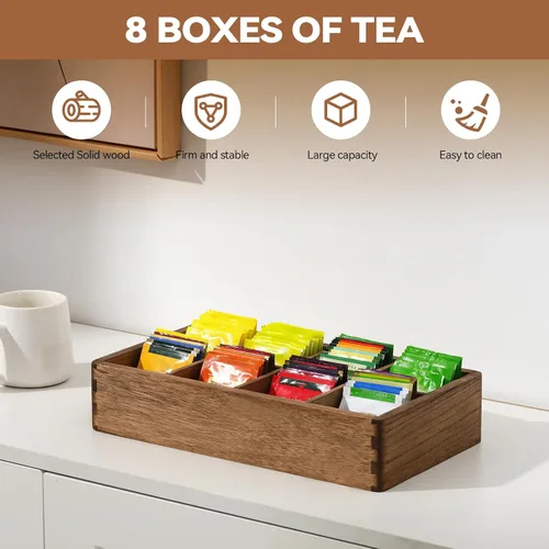 Vista 2 de KIRIGEN Organizador de bolsitas de té de madera con 8 compartimentos Caja de almacenamiento de madera que organiza bolsas de té, paquetes de azúcar