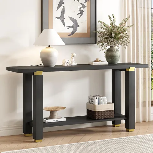Vista 17 de Mesa consola moderna con diseño acanalado vertical, mesa de entrada de almacenamiento compacta con cajón funcional para sala de estar Negro-ww33
