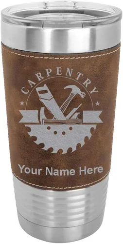Vista 10 de LaserGram Vaso aislado al vacío de 20 onzas, carpintería, grabado personalizado incluido (piel sintética, estilo béisbol) Engraved Gift for