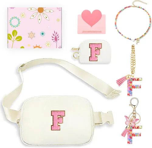 Vista 23 de Regalos de moda para niñas adolescentes, cangurera con monograma para niña con llavero, collar, dijes de taza, tarjeta de felicitación y caja