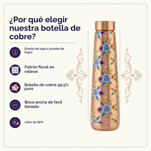Vista 3 de Botella de agua de cobre, 32 onzas, recipiente ayurvédico hecho a mano Prado de marfil