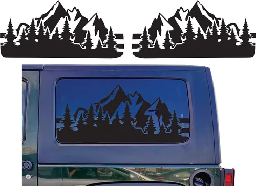 Vista 8 de Compatible con Jeep Wrangler JL (2 puertas) 2018-2023 Vinilos para ventanas precortados con bandera americana y escenas de montaña y bosque al aire