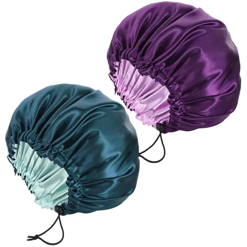Vista 7 de Pengxiaomei - Paquete de 2 gorros para dormir, gorro de satén de doble capa
