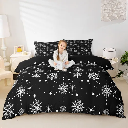 Vista 4 de Juego de funda de edredón de Navidad, copos de nieve para niños y niñas, funda de edredón en blanco y negro, tamaño individual, funda de edredón