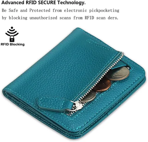 Vista 3 de Funtor Cartera de cuero para mujer, pequeña y compacta, con bolsillo doble, bloqueo RFID, para mujer