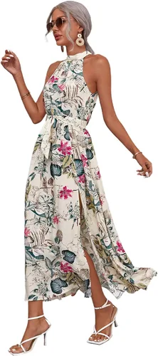 Vista 3 de Floerns Vestido largo sin mangas con cuello halter y estampado floral vintage para mujer