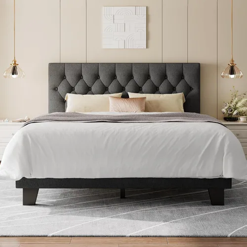 Vista 9 de Feonase Marco de cama de plataforma twin con cabecera capitoné con botones, cama tapizada de lino con soporte de listones de madera, no necesita