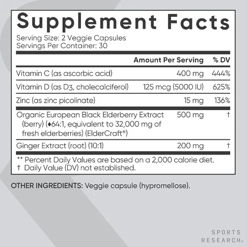 Vista 5 de Sports Research® Soporte inmunológico diario de saúco con zinc, vitamina C, jengibre y vitamina D3 5000iu, sin gluten, verificado sin OMG, sin soja