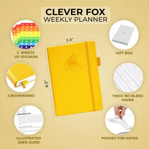 Vista 2 de Clever Fox Planner – Planificador semanal y mensual sin fecha para productividad, manejo del tiempo y objetivos – Diario organizador – A5