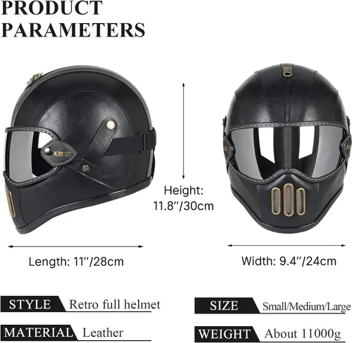 Vista 7 de Casco retro de motocicleta de cara completa de cuero de fibra de vidrio para hombres y mujeres Street Off-Road Ciclomotor Racing ATV Motocross