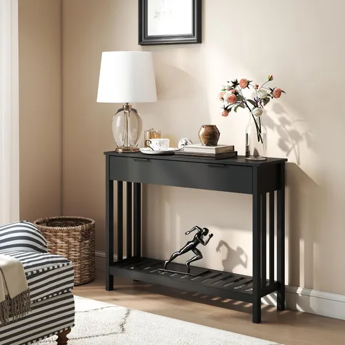 Vista 5 de TaoHFE Mesa de entrada negra con cajón, mesa consola estrecha moderna de madera con almacenamiento, mesa de pasillo, mesas de sofá para sala
