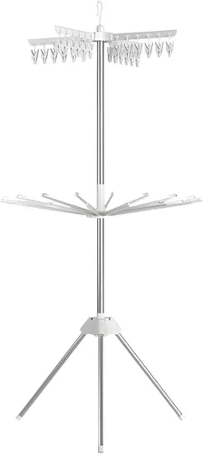 Vista 3 de Estante de secado de ropa que ahorra espacio, trípode de acero de 64 pulgadas, plegable, con 4 brazos giratorios para 24 perchas, 3 patas, para 30