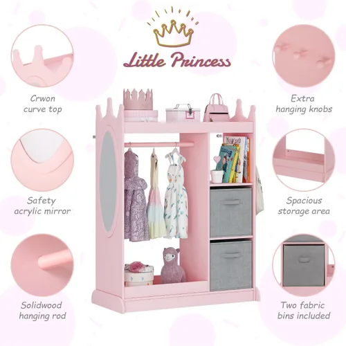 Vista 4 de UTEX Armario guardarropa para niños con espejo y contenedor de almacenamiento, rosa, 33.4 pulgadas de ancho x 15.75 pulgadas de profundidad x 44.5