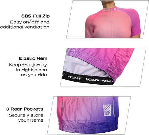 Vista 3 de Wulibike Camiseta de ciclismo para mujer, manga corta, camisetas de bicicleta para mujer, camiseta de ciclismo con tres bolsillos