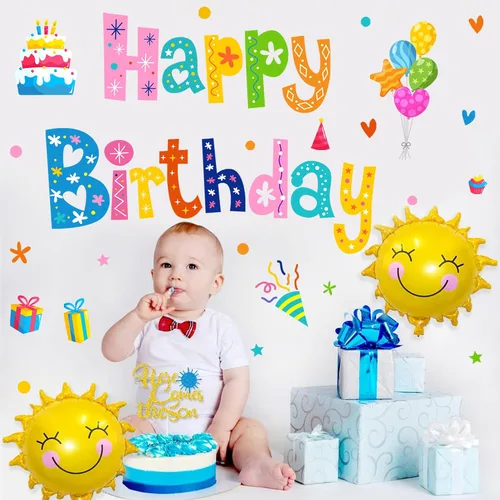 Vista 6 de Colorido cartel de feliz cumpleaños, calcomanías de cumpleaños para telón de fondo, decoraciones de fiesta de cumpleaños para niños, pancarta