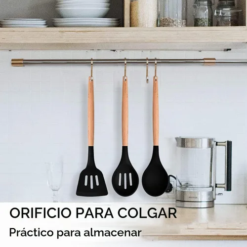 Vista 3 de Juego de 3 utensilios de cocina de silicona, espátula/espátula, cucharas con mango de madera, resistentes al calor, utensilios de cocina