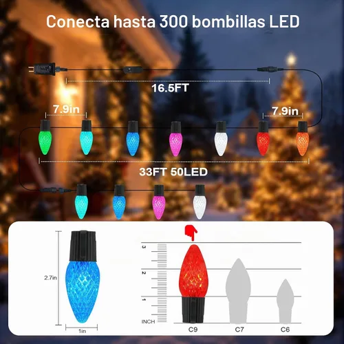 Vista 2 de Gemce Luces inteligentes C9 de Navidad para exteriores, 33 pies, 50 luces LED RGB, aplicación/control remoto, modos de bricolaje y sincronización