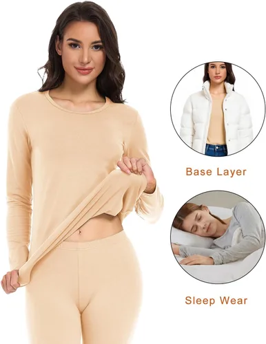 Vista 3 de wirarpa Juego de ropa interior térmica de algodón para mujer, ligera, pantalones largos, capa base, conjunto de pijama para mujer, parte superior e