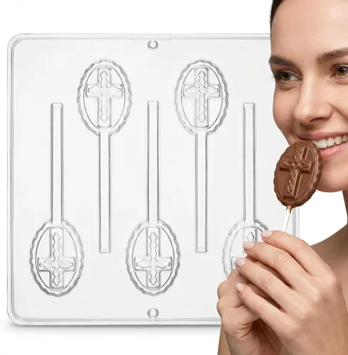 Vista 4 de Cruz en forma ovalada Lollipop Chocolate Candy Mold Religious 405