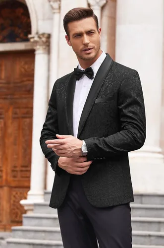 Vista 2 de COOFANDY Chaqueta de traje de esmoquin floral para hombre, chaqueta de cena ajustada, para fiesta, graduación, boda, blazer