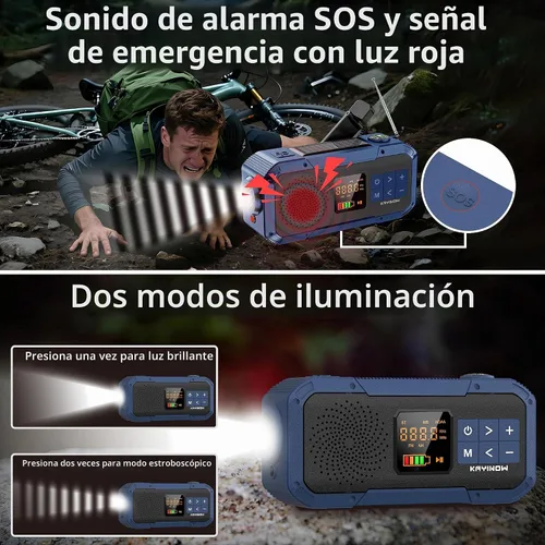 Vista 6 de Radio de emergencia portátil con AM FM NOAA, altavoz Bluetooth, batería recargable de 2000 mAh, carga solar de manivela USB-C, calidad de sonido