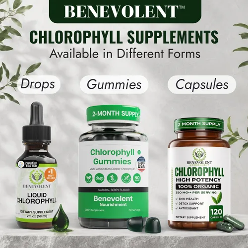 Vista 9 de Benevolent - Cápsulas de clorofila de 350 mg - 100% natural + ultra clorofila concentración de potencia 20x para impulso de energía, apoyo