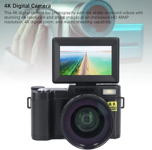 Vista 3 de Cámara digital 4K Auto Focus Anti Shake 48MP Vlogging Cámara 32G Tarjeta 180 grados Flip Screen 0.45X Lente macro gran angular (negro)