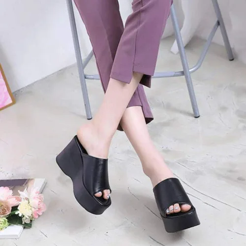 Vista 6 de Pantuflas de tacón alto con plataforma y puntera abierta para mujer, Negro, 7