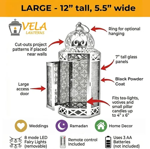 Vista 6 de VELA LANTERNS Juego de 2 portavelas decorativos de LED con luces de hadas de 12" de metal marroquí para colgar o mesa, decoración del hogar