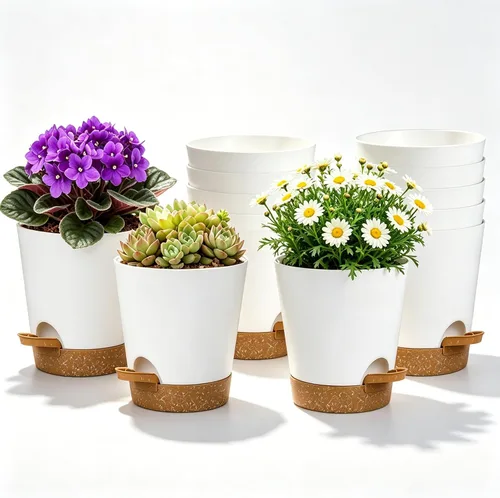 Vista 15 de Paquete de 12 macetas de riego automático de 4 pulgadas con drenaje y platillos, macetas de plástico para plantas de interior y exterior, macetas