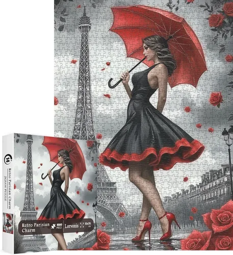 Vista 2 de Rompecabezas de 1000 piezas con diseño de flores de París, mujer con paraguas para adultos, rompecabezas de la Torre Eiffel, rompecabezas