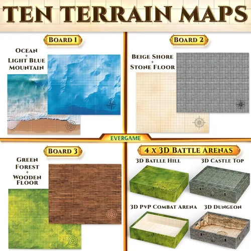Vista 3 de 10 alfombrillas de juego DND + más – Incluye 6 mapas de batalla de juego de mesa de Calabozos y Dragones – Cuadrícula cuadrada de 1 pulgada – Arenas