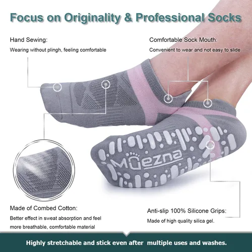Vista 3 de Muezna Calcetines de yoga antideslizantes para mujer, antideslizantes, para pilates, barras, calcetines de hospital con agarres, talla 5-10