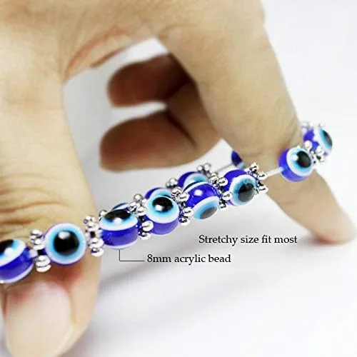 Vista 6 de SUMMER LOVE Pulsera elástica de ojo turco Hamsa con cuentas azules y cuentas para protección y bendición de mano de Fátima