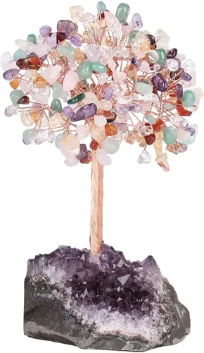 Vista 2 de Árbol de cristal con piedras curativas naturales sobre base drusa de amatista, árbol de la vida bonsái para la salud y la curación de la suerte