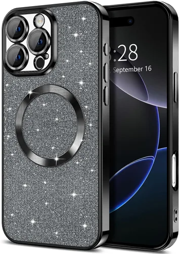 Vista 12 de Hython para iPhone 16 Funda con chispas brillantes, fundas transparentes magnéticas con protector de lente de cámara [Compatible con MagSafe]