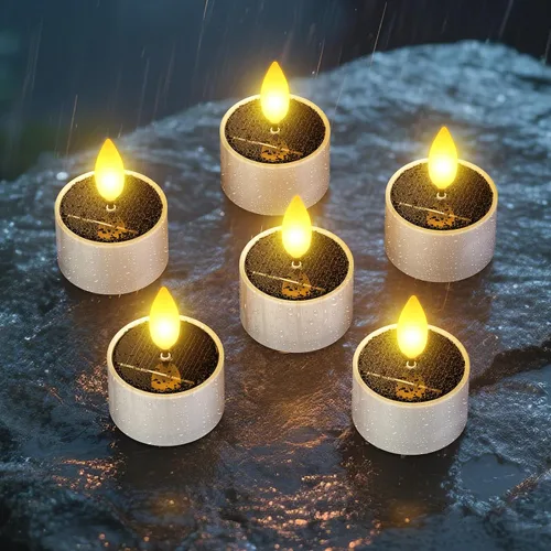 Vista 10 de SoulBay 6 velas de té de energía solar, velas para exteriores, sin llama, IP65, impermeables, recargables, con sensor de atardecer a amanecer