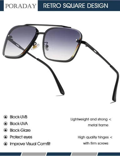 Vista 4 de PORADAY Gafas de sol cuadradas de aviador para hombres y mujeres, a la moda, de gran tamaño, gafas de sol de piloto, montura de metal vintage, tonos